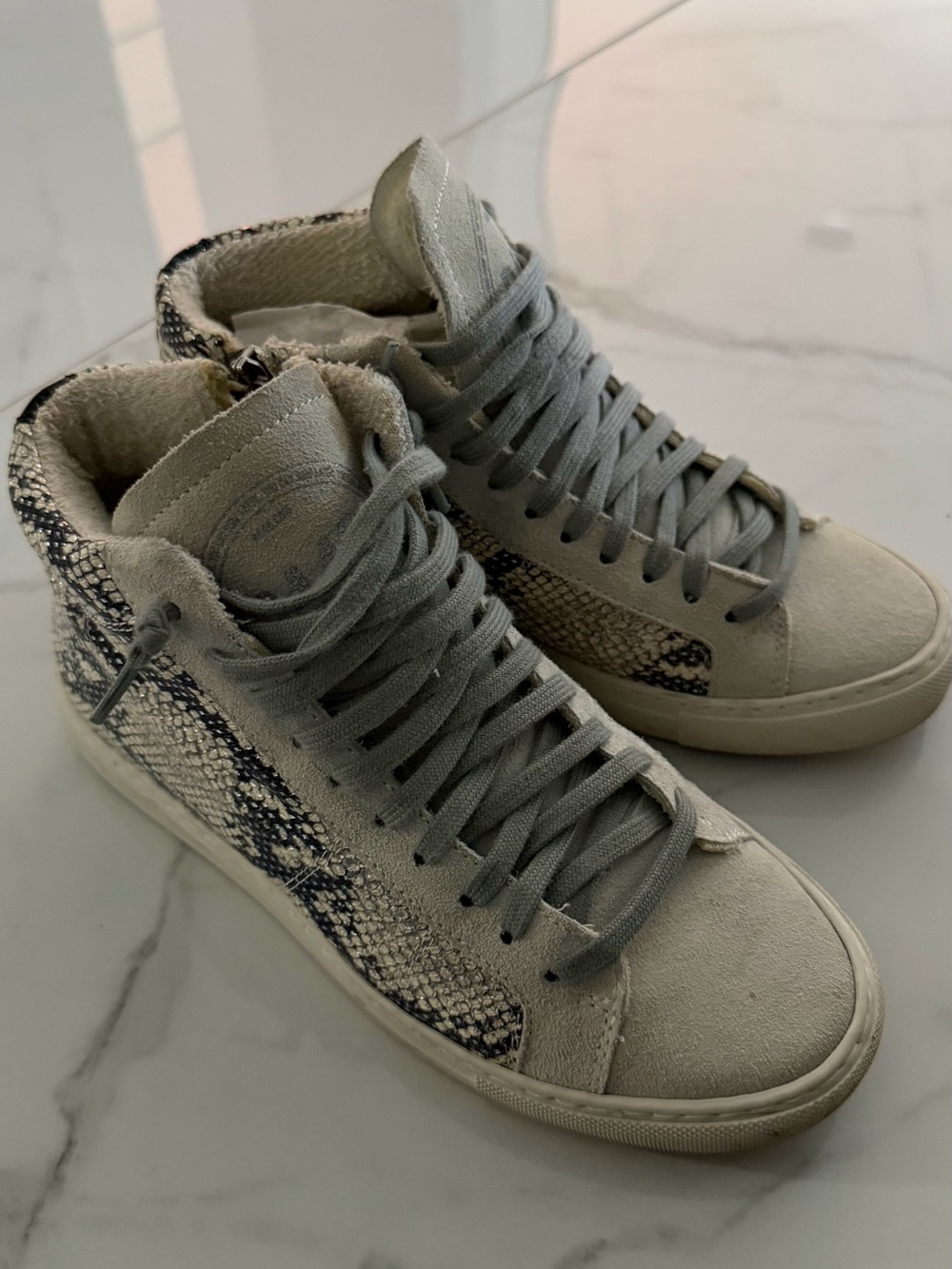 P448 High-Top Sneakers in Light Gray with Navy Snake Print